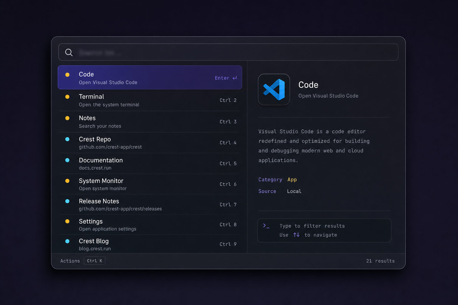 Crest launcher on Linux — dark palette with search field, blurred result rows, dual-pane preview, and Ctrl+K actions hint.